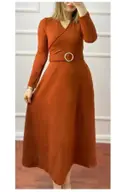 Halka Kemerli Triko Elbise - KAHVE