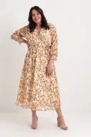 Uzun Sarı çiçekli Şifon Elbise - Bordo