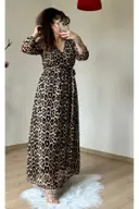 Koyu Renk Uzun Leopar Desen Şifon Elbise