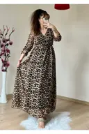 Koyu Renk Uzun Leopar Desen Şifon Elbise