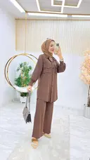 Kahverengi Esra Takım Tesettür Bürümcük Kumaş Büyük Beden Seçeneği