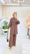 Kahverengi Esra Takım Tesettür Bürümcük Kumaş Büyük Beden Seçeneği