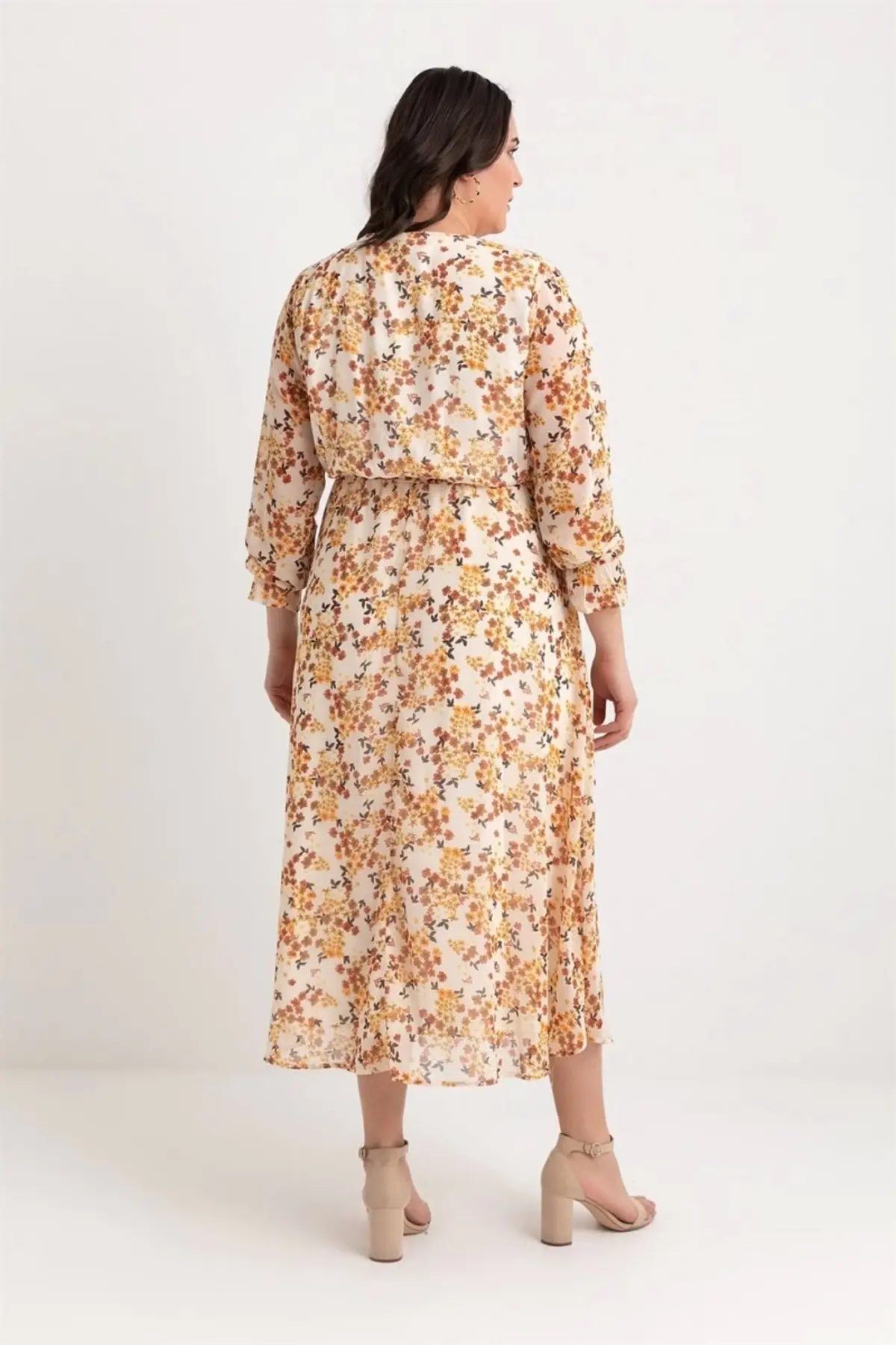 Uzun Sarı çiçekli Şifon Elbise - Bordo