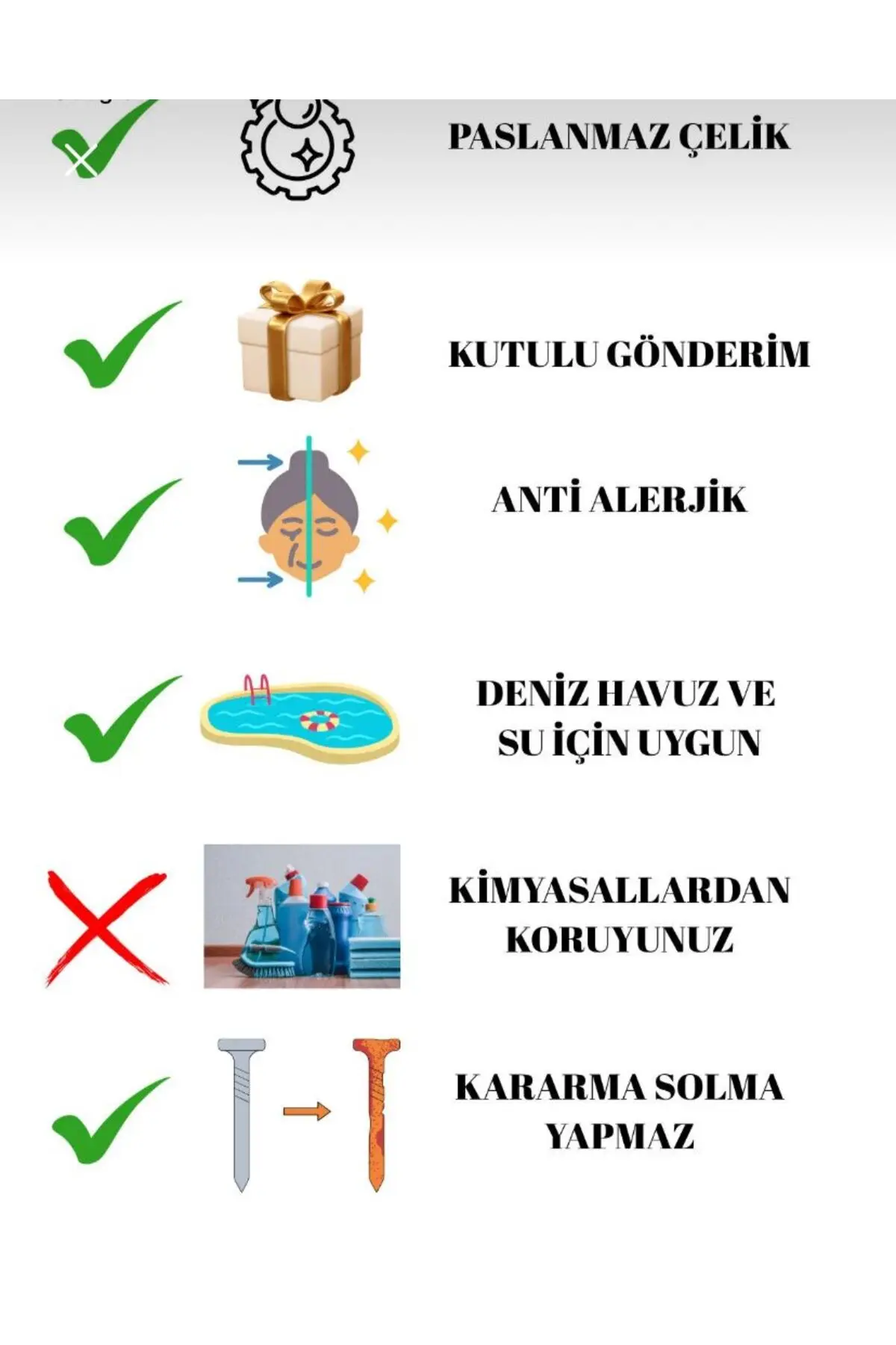 ÇİVİ MODEL GÜMÜŞ RENK ÇELİK KELEPÇE 316L KARARMAZ