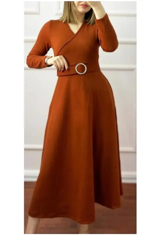 Halka Kemerli Triko Elbise - KAHVE