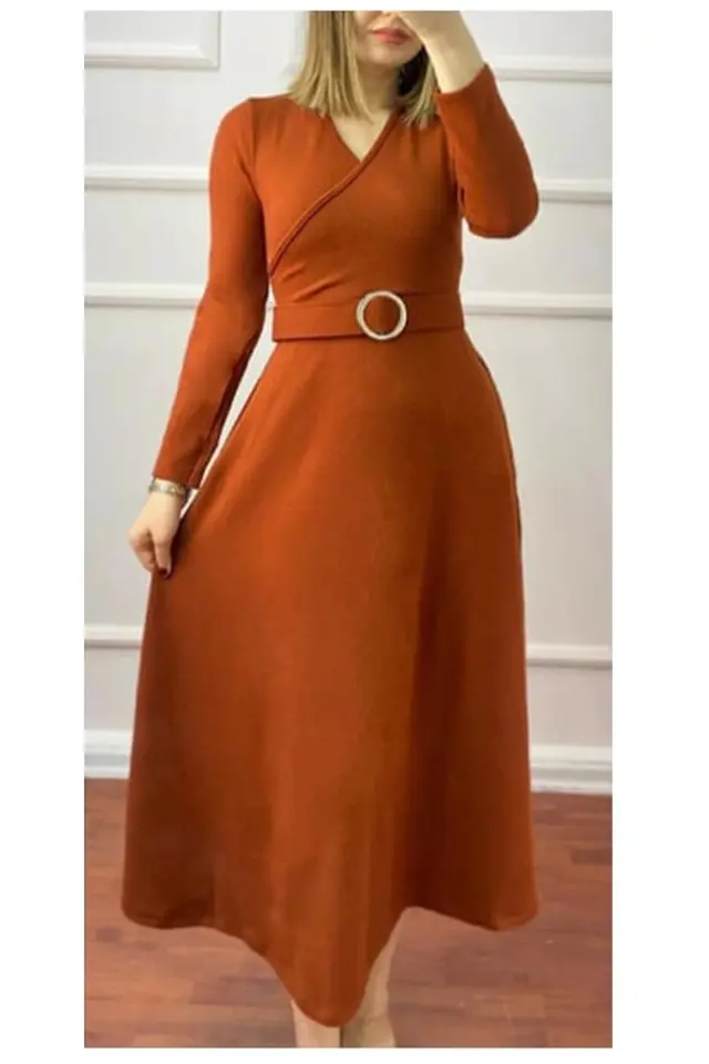 Halka Kemerli Triko Elbise - KAHVE