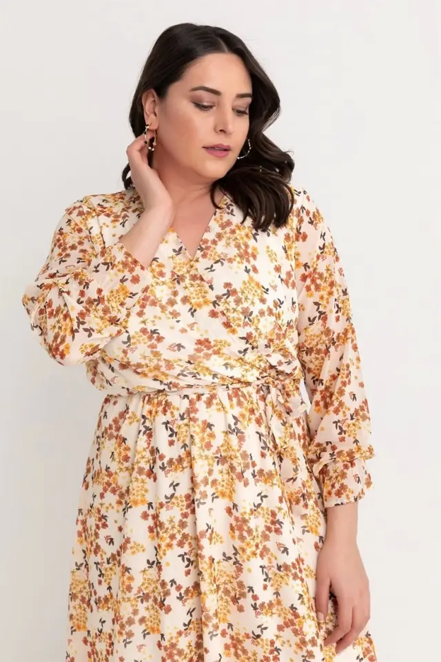 Uzun Sarı çiçekli Şifon Elbise - Bordo