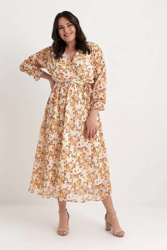 Uzun Sarı çiçekli Şifon Elbise - Bordo