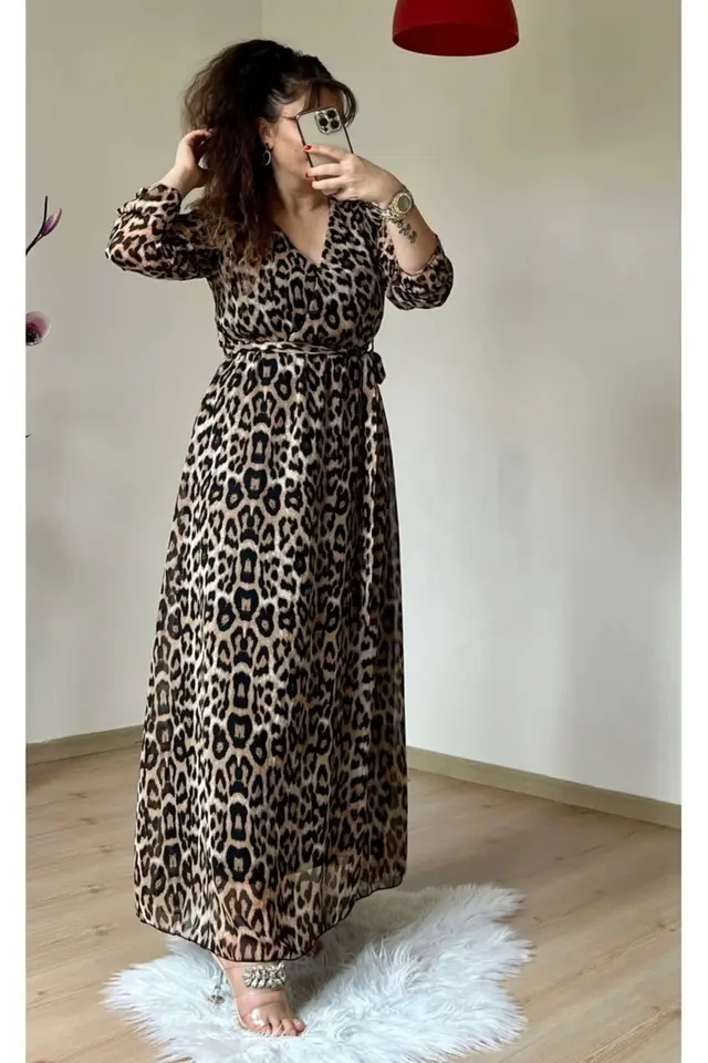 Koyu Renk Uzun Leopar Desen Şifon Elbise