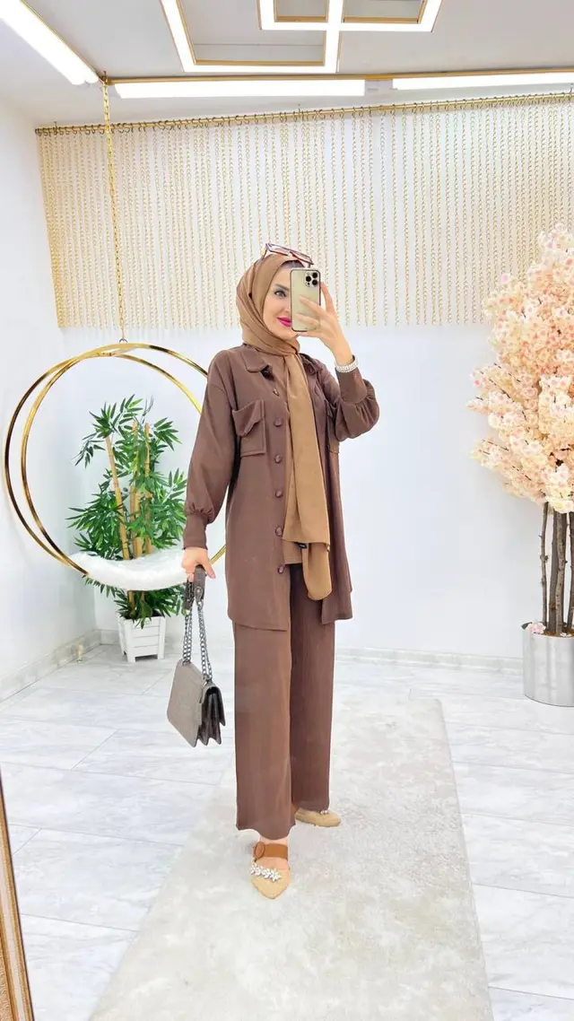 Kahverengi Esra Takım Tesettür Bürümcük Kumaş Büyük Beden Seçeneği